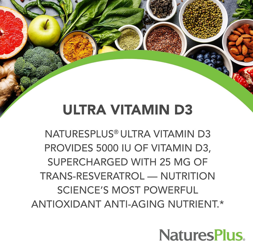 NaturesPlus Vitamina D3 5000 UI + Trans-Resveratrol - Liberación Prolongada - 90 Comprimidos Veganos
