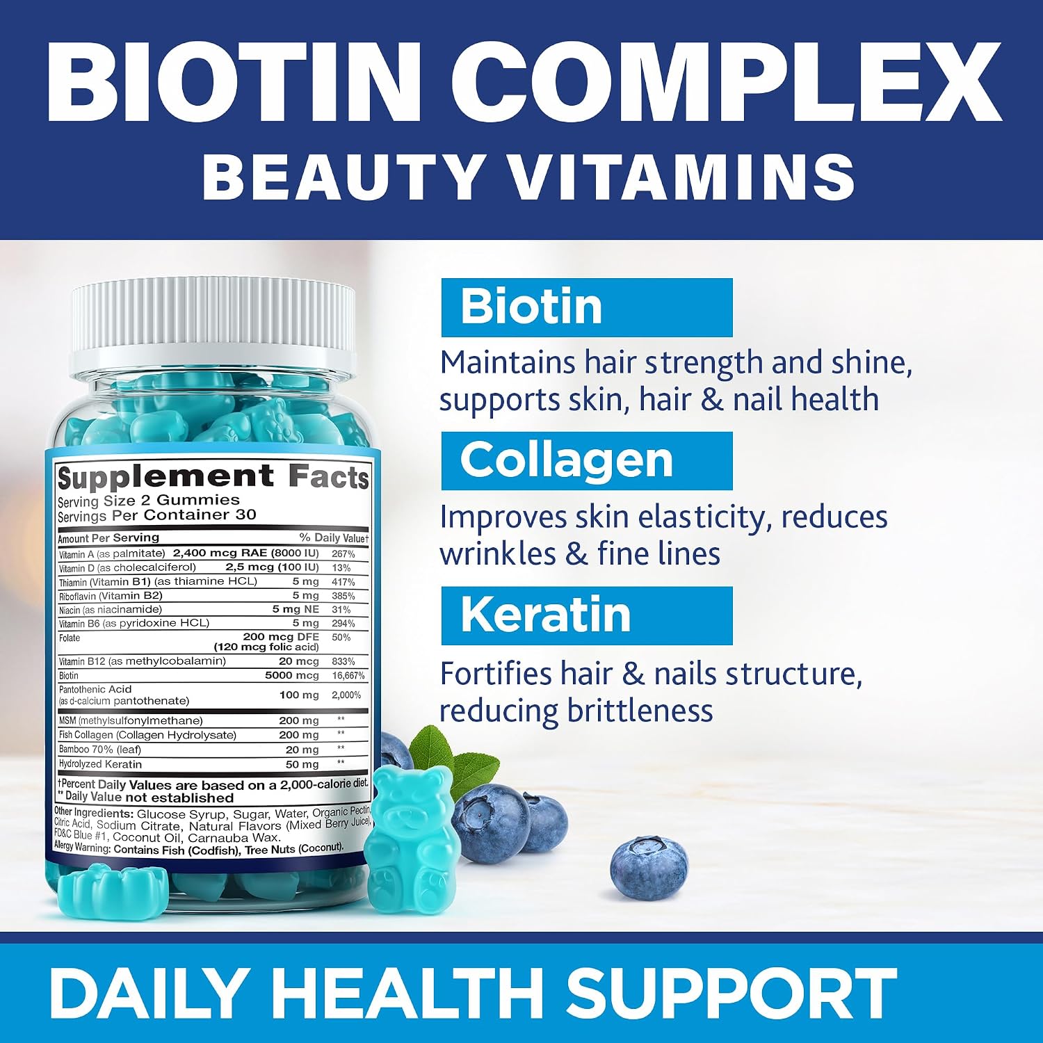 Biotina Gomitas con Colágeno y Queratina - Apoyo para Cabello, Piel y Uñas - Vitaminas B7 + Complejo B, MSM, Extracto de Bambú - 60 Gominolas