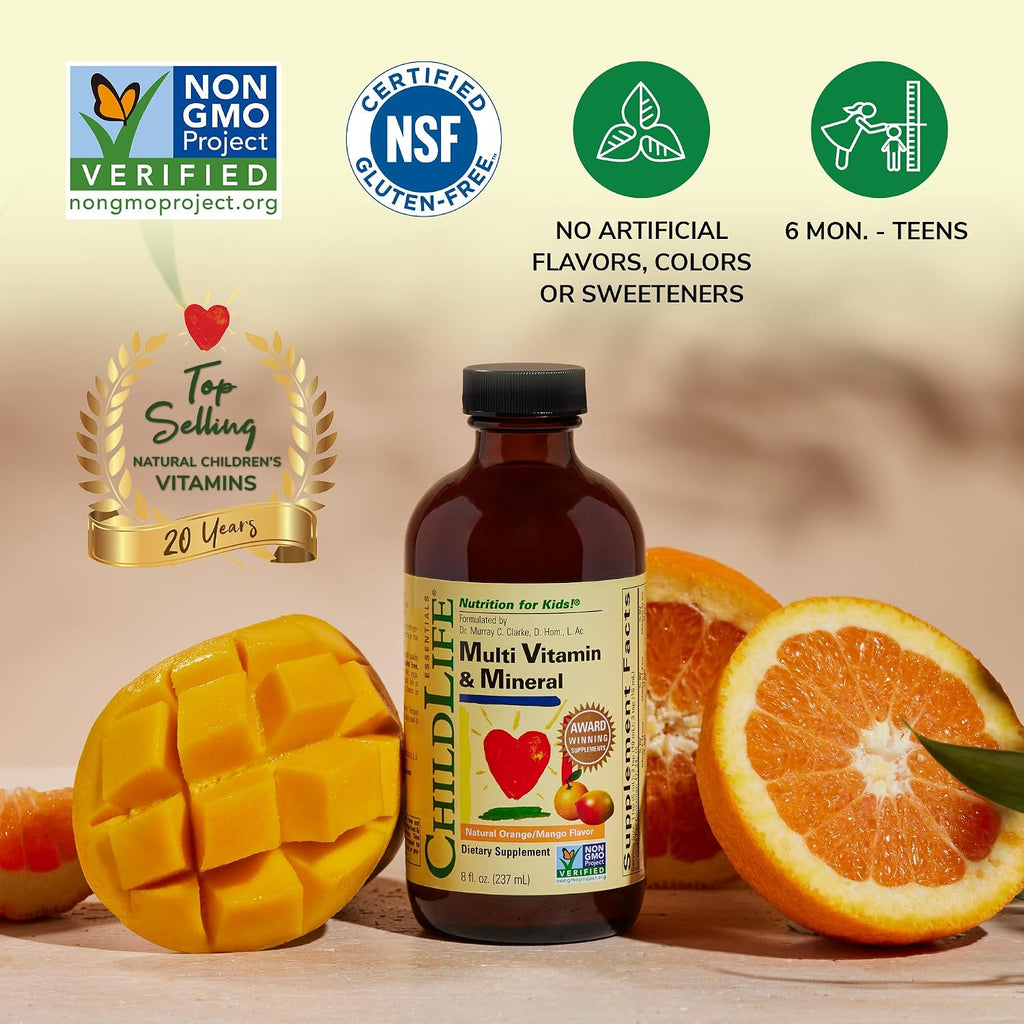 CHILDLIFE ESSENTIALS Multivitamínico y Mineral para Niños - Suplemento Líquido para Bebés y Niños - Sabor Natural Naranja y Mango - 237 ml (Pack de 4)