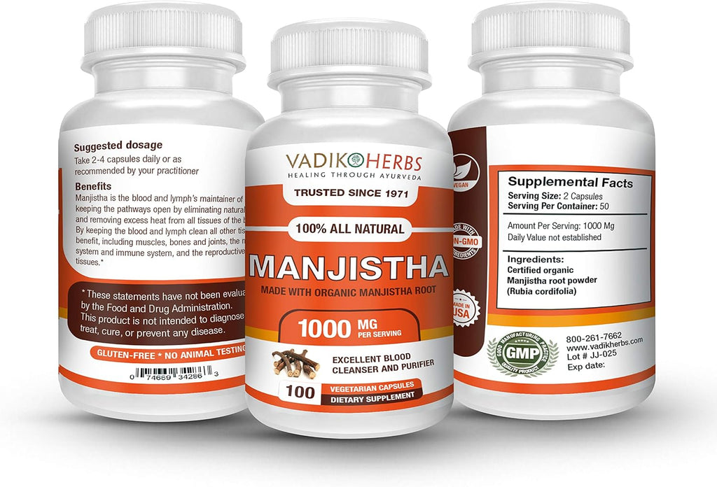 Vadik Herbs Pura Manjistha Silvestre (Rubia cordifolia) - 100 Cápsulas Veganas