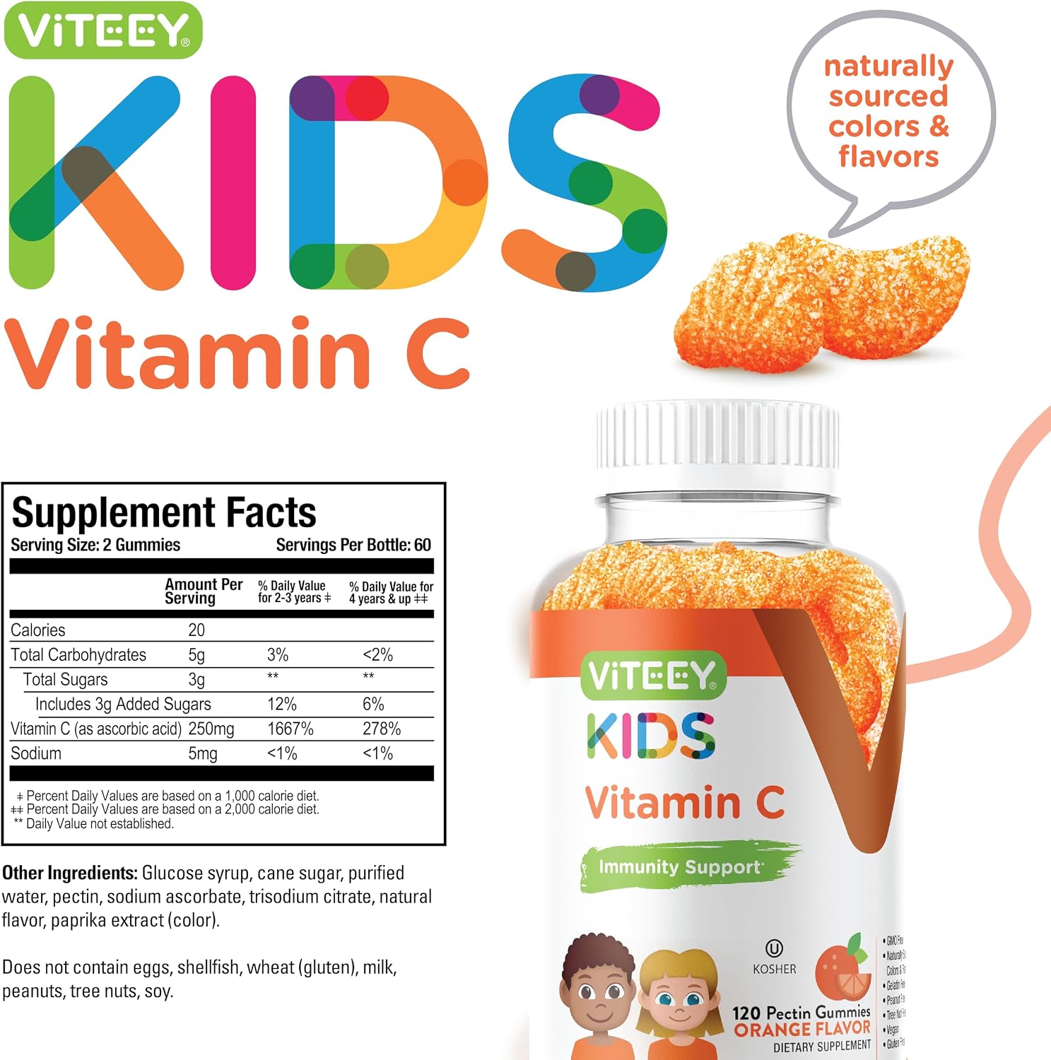 Viteey Gomitas de Vitamina C para Niños - Sabor Naranja - 120 Unidades - Vegano, Sin Gluten, Sin Gelatina