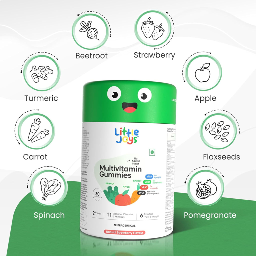 Little Joys Gominolas Multivitamínicas para Niños - con DHA, Vitaminas y Prebiótico - Sin Azúcar - Sabor Fresa - 30 unidades