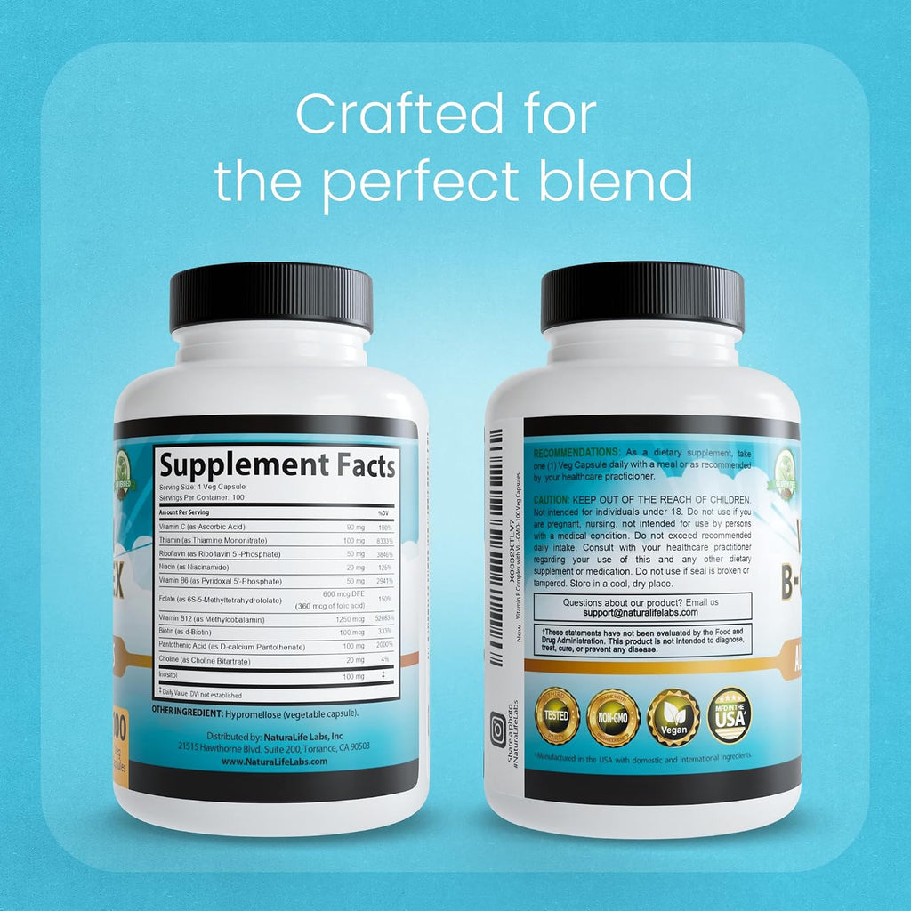 Complejo B con Vitaminas Activas B2, B6, B9 y B12 (Metilcobalamina) + Vitamina C - 100 Cápsulas - NaturaLife Labs