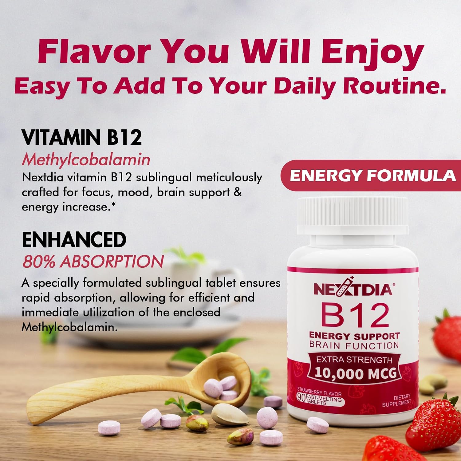 Nextdia Vitamina B12 10.000 mcg Metilcobalamina Sublingual - 180 Comprimidos Sabor Fresa