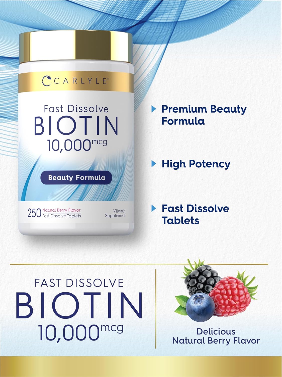 Carlyle Biotin 10000mcg | 250 Comprimidos de Disolución Rápida | Máxima Potencia | Vegetal, No OGM, Sin Gluten