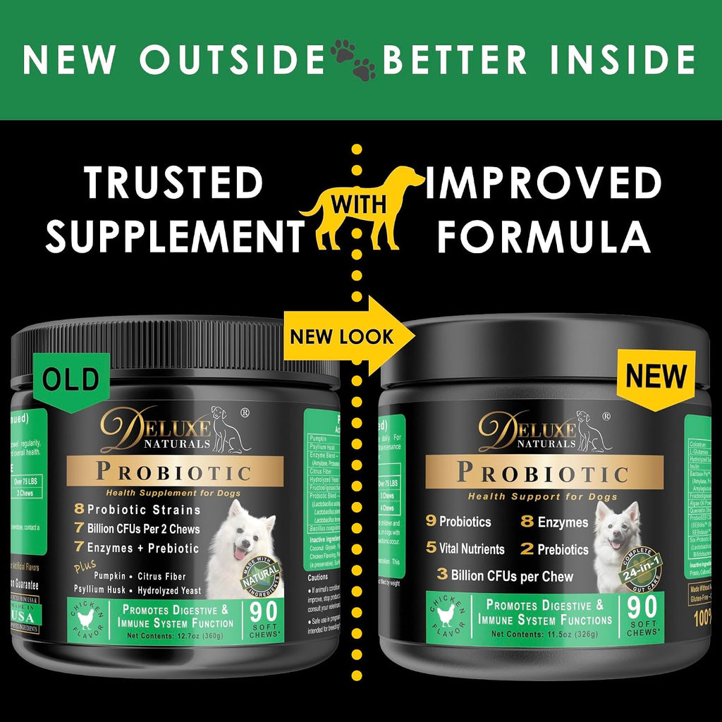 Deluxe Naturals Probiotic Soft Chews for Dogs – 270 Count (3 x 90ct) – Digestive & Immune Support with 9 Probiotics, 8 Enzymes, 2 Prebiotics & 5 Vital Nutrients – Chicken Flavor