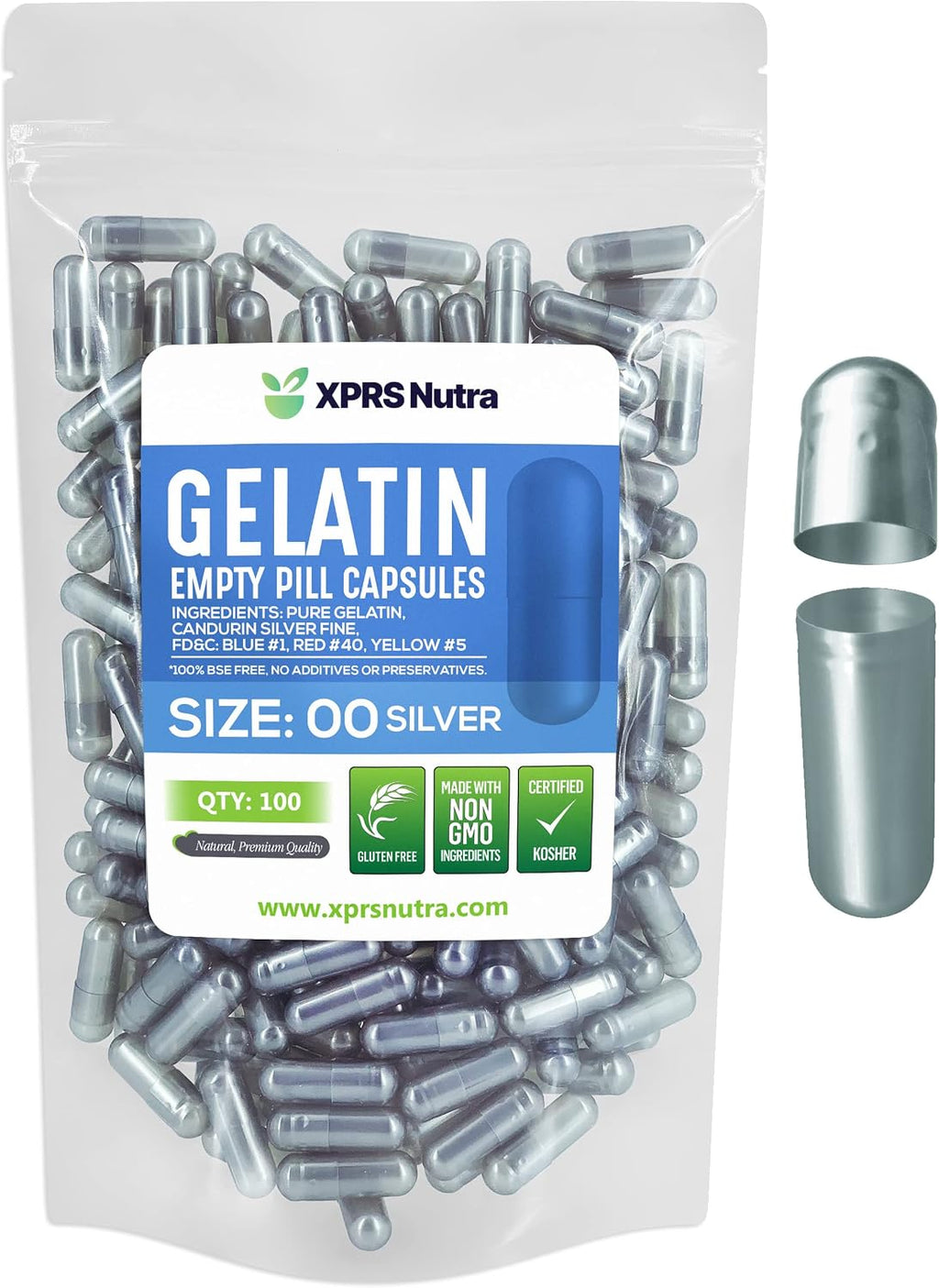 XPRS Nutra Cápsulas Vacías Tamaño 00 - 100 Unidades - Cápsulas de Gelatina Vacías para Rellenar Suplementos (Plateado)