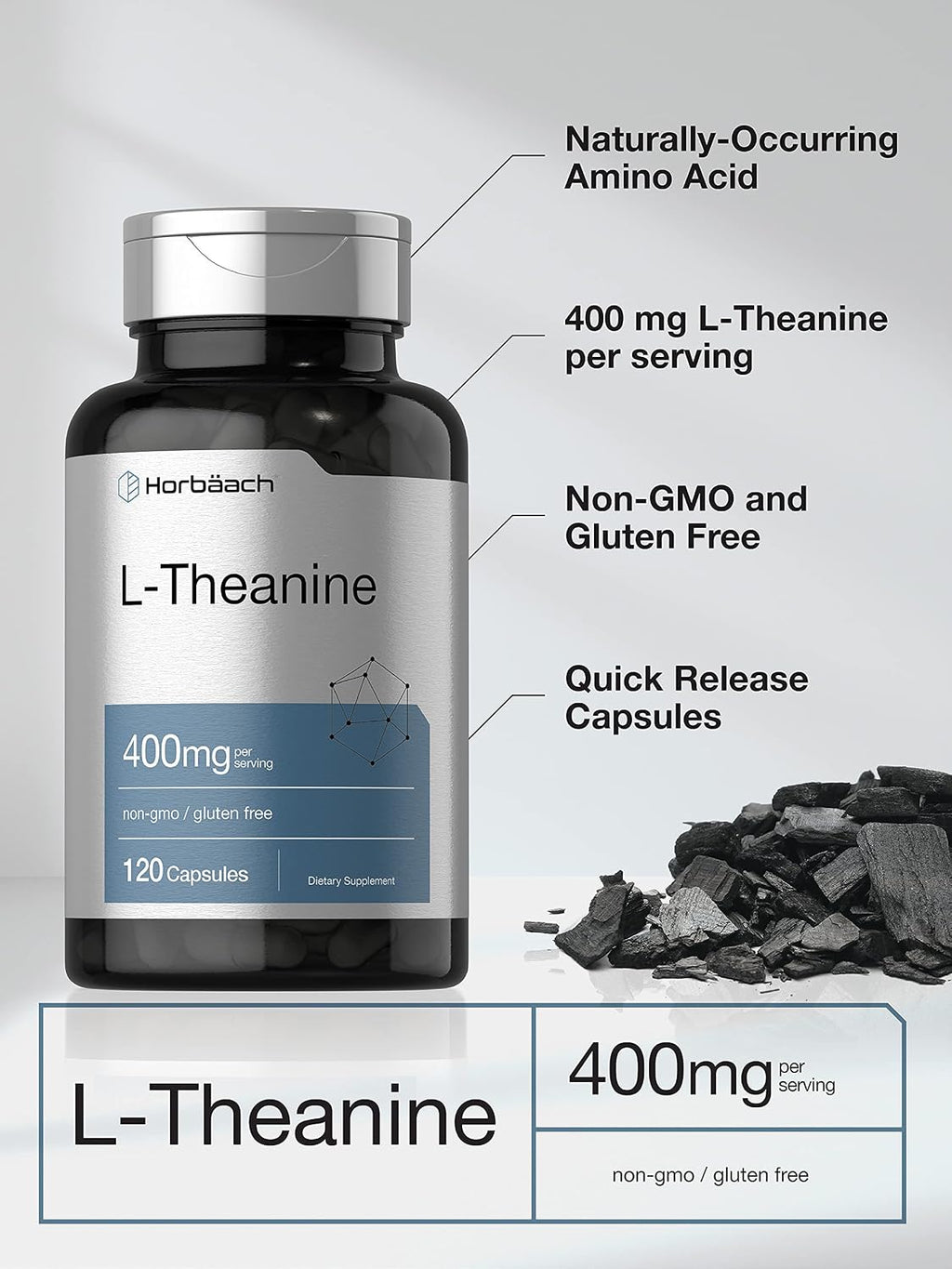 Horbäach L-Teanina 400mg 120 Cápsulas | No-GMO y Sin Gluten