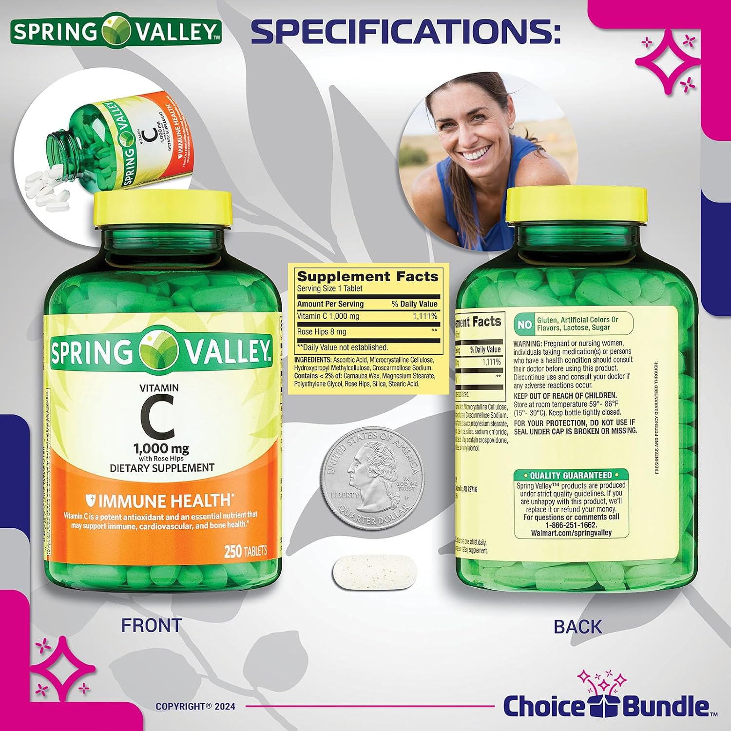 Choice Bundle Spring Valley Vitamina C 1000 mg con Escaramujo, 250 comprimidos + Guía y Pastillero
