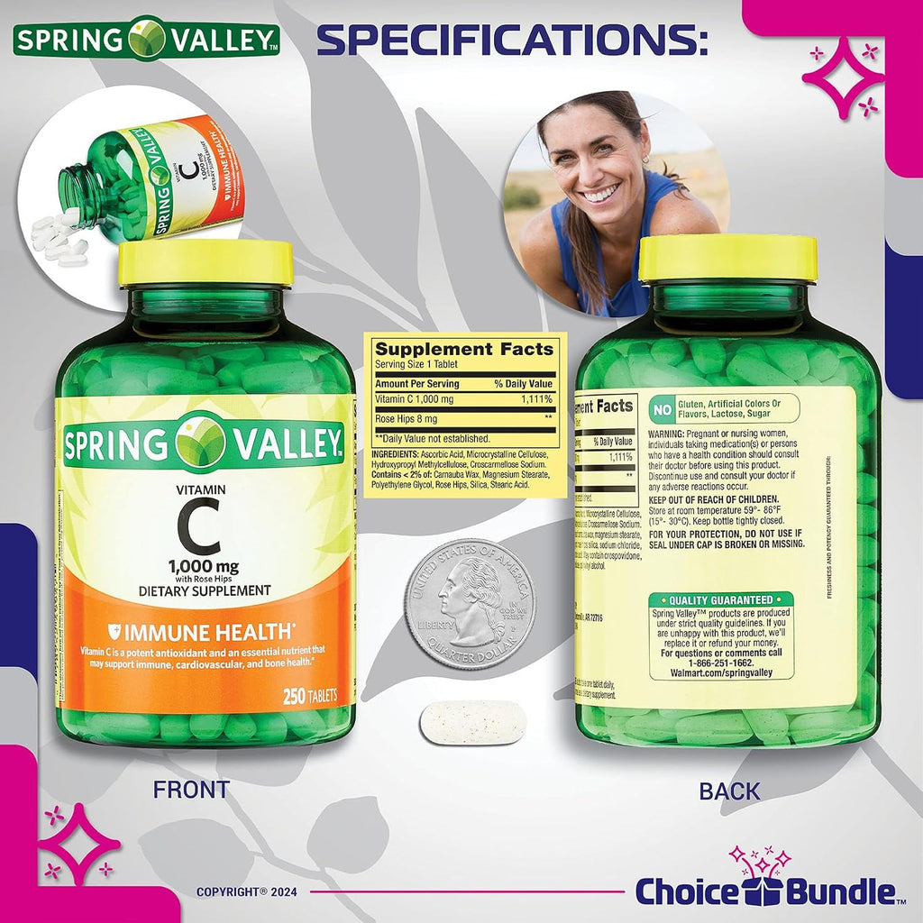 Choice Bundle Spring Valley Vitamina C 1000 mg Complemento Alimenticio Tabletas con Escaramujo 250 Ct 2 uds (500 Total) + Guía de Vitaminas y Pastillero Portátil (4 Artículos)