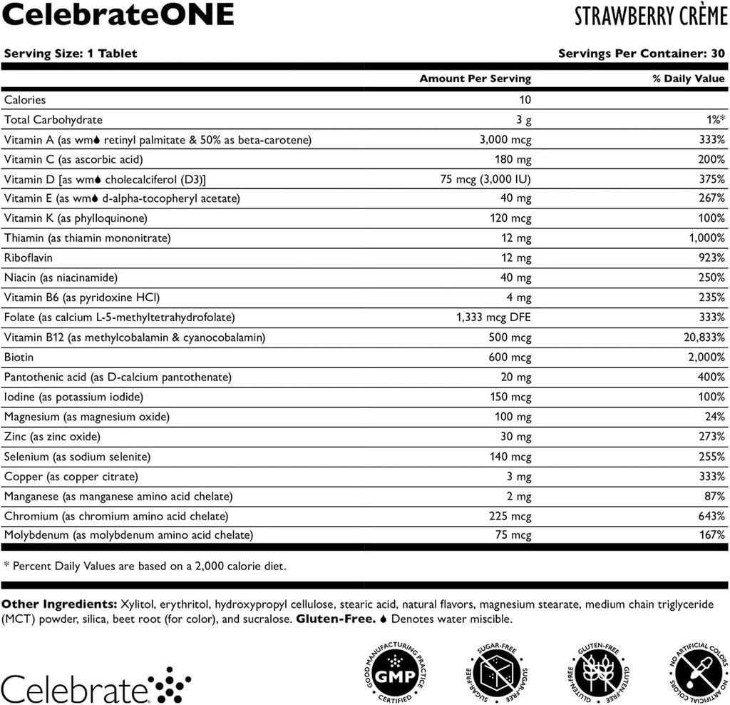 Celebrate Vitamins CelebrateONE Chewables, Sin Hierro - Multivitamínico Bariátrico de una Toma Diaria, Vitaminas y Minerales Esenciales - Complemento para Bypass Gástrico y Manga Gástrica - Sabor Fresa Crema (90 Comprimidos Masticables)