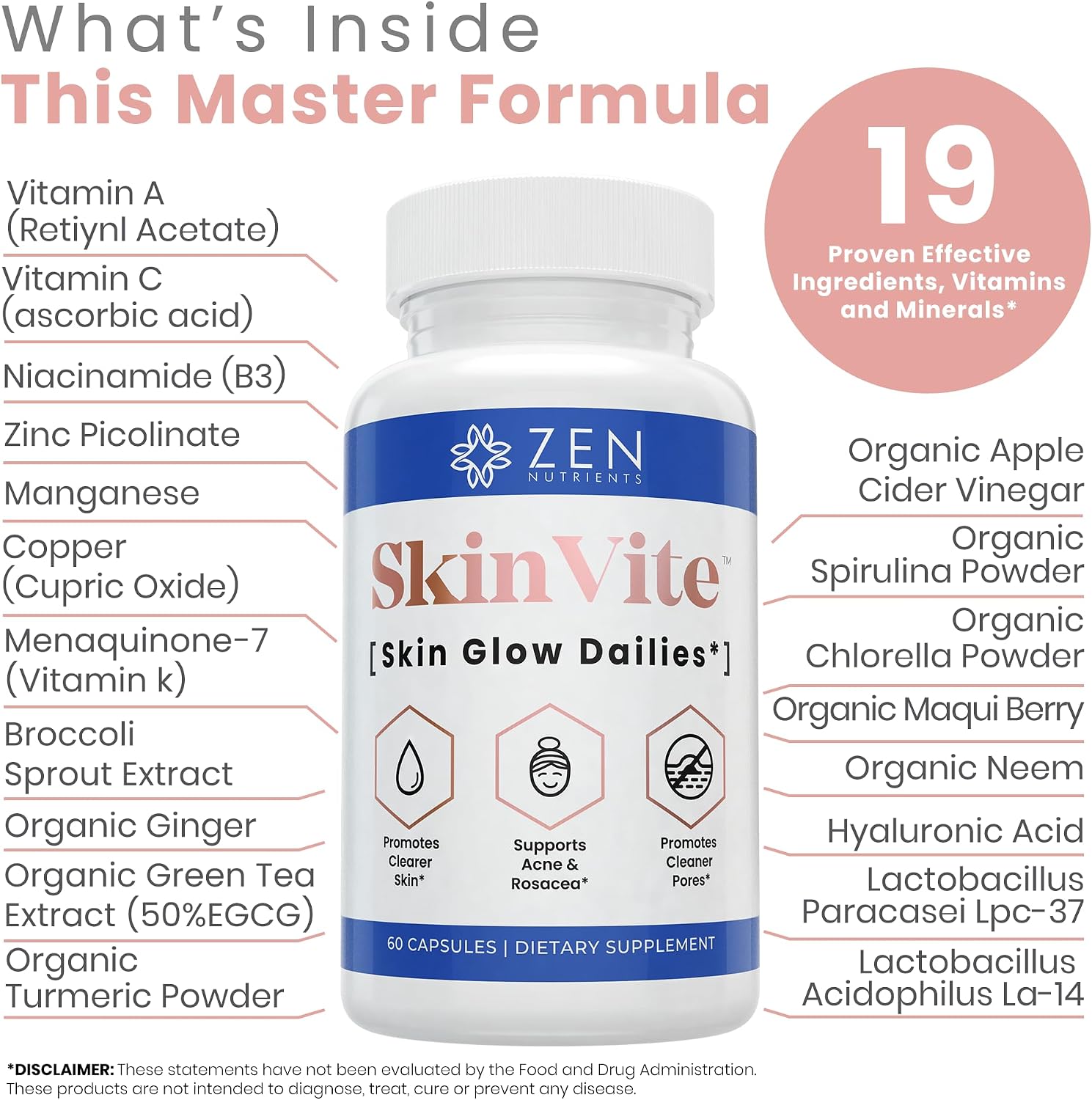 Zen Nutrients SkinVite: Suplemento Natural para la Piel, Acné y Apoyo Digestivo