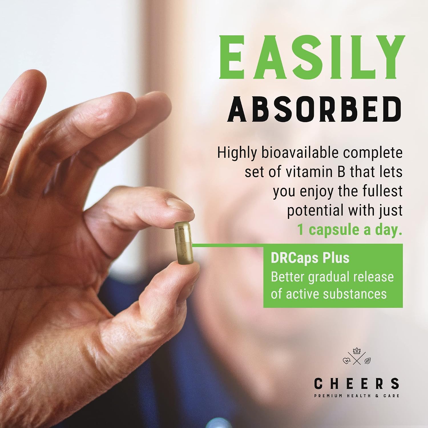 CHEERS Complejo B | 113,5 mg de Vitaminas B (B1, B2, B3, B6, B12) + Inositol y Colina | DRcaps® Plus | 60 Cápsulas Veganas