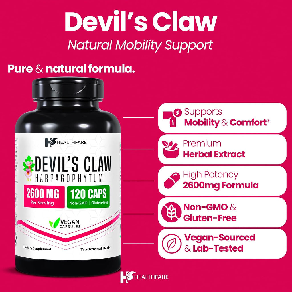 Healthfare Garra del Diablo Raíz | 2600mg Suplemento Herbal | 120 Cápsulas Veganas | Extracto Concentrado para Apoyo Articular