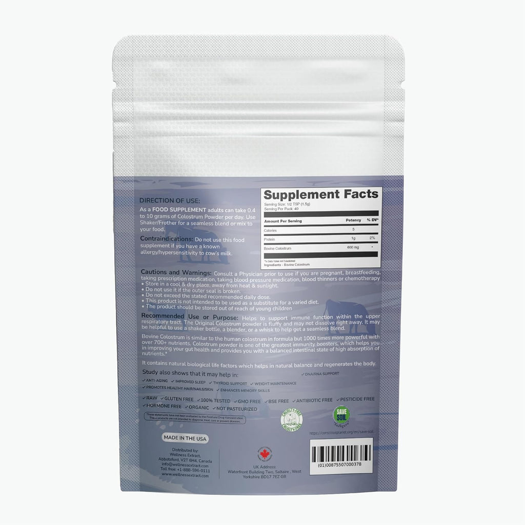 WELLNESS EXTRACT Calostro Bovino en Polvo con Lactoferrina, Complemento Alimenticio de Calostro Orgánico de Pasto, Rico en IgG e IgA, Sin Sabor, 60g