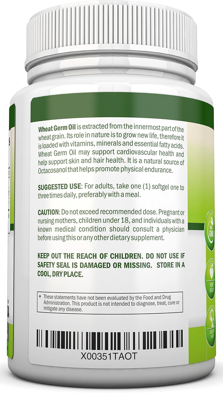 Aceite de Germen de Trigo – 1130mg – 180 Cápsulas Blandas – Prensado en Frío – Fuente Natural de Vitamina E