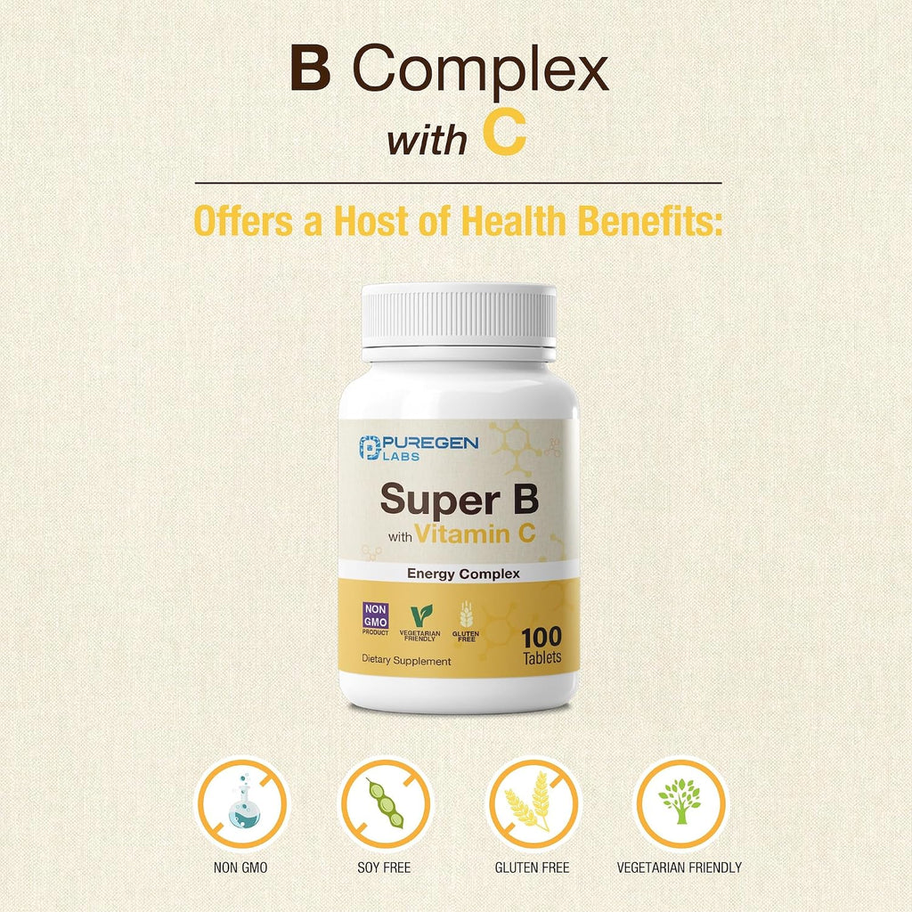 Puregen Labs Super B Energy Complex con Vitamina C - Salud Inmunitaria, Energía y Sistema Nervioso - Sin Gluten, No Transgénico, 100 Comprimidos Vegetales