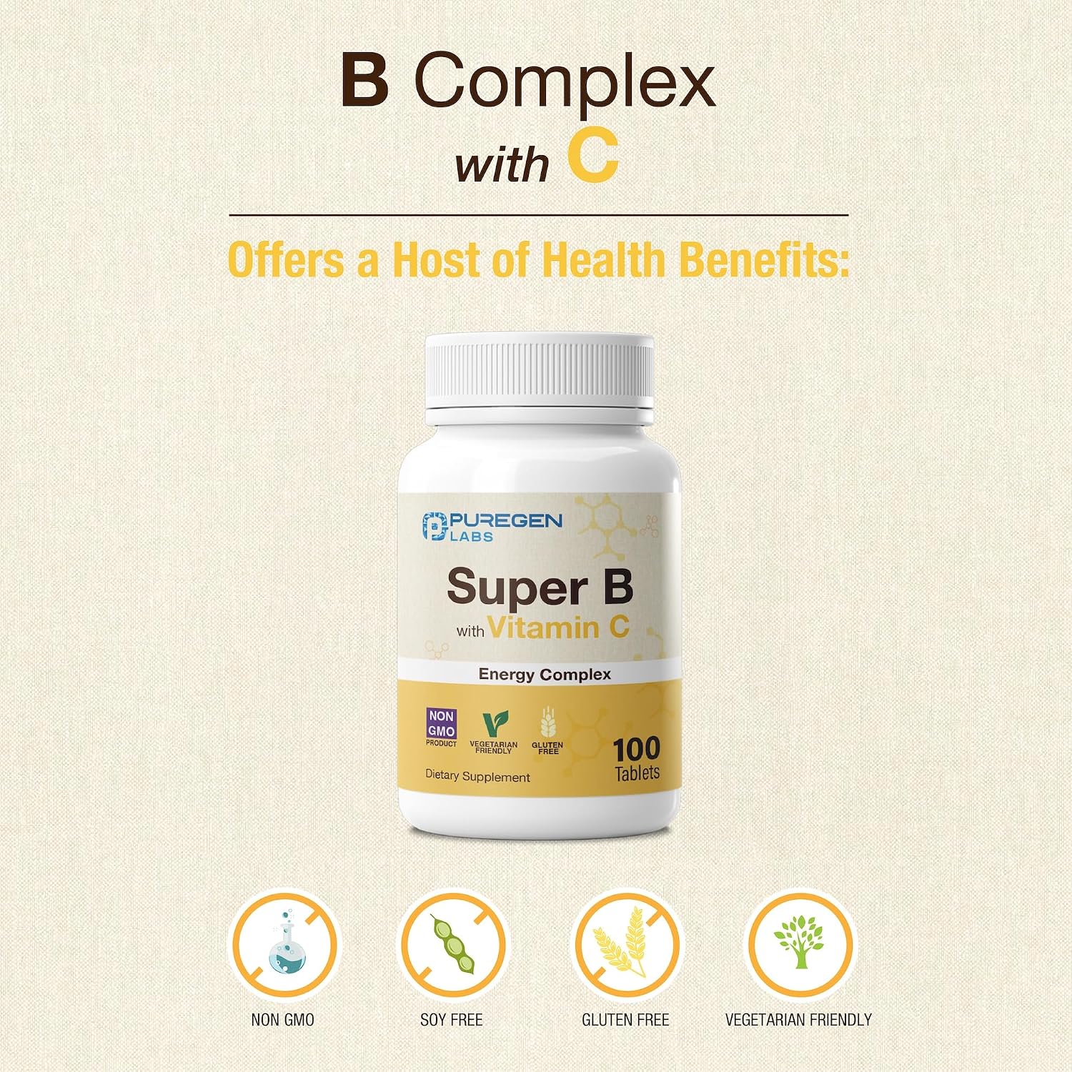 Puregen Labs Super B Energy Complex con Vitamina C - Salud Inmunitaria, Energía y Sistema Nervioso - Sin Gluten, No Transgénico, 100 Comprimidos Vegetales