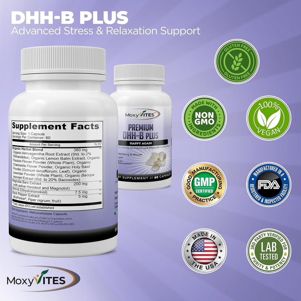 MoxyVites DHH-B Supplement - Extracto Bioactivo de Corteza de Magnolia con Ashwagandha Orgánica, 60 Cápsulas Veganas