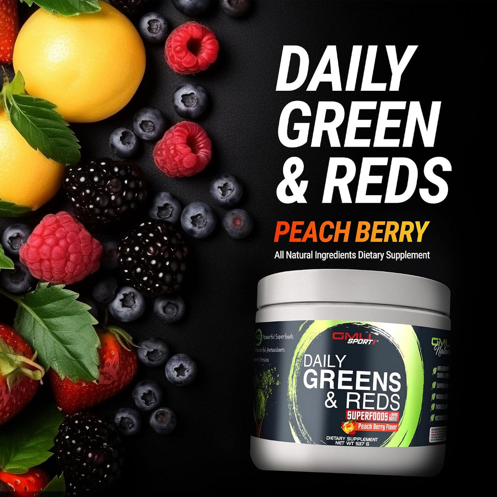 Daily Greens and Reds - Super Greens Powder con Probióticos y Adaptógenos (Peach Berry)