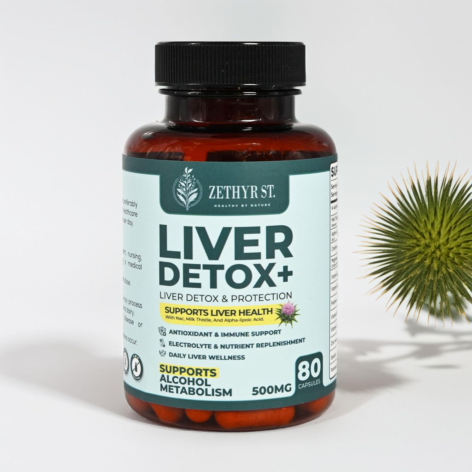 Zethyr St. Liver Detox+ con Cardo Mariano - Dosis Premium - Limpieza Hepática con NAC, ALA, Colina y Vitaminas B - 80 Cápsulas para Apoyo Antioxidante Diario