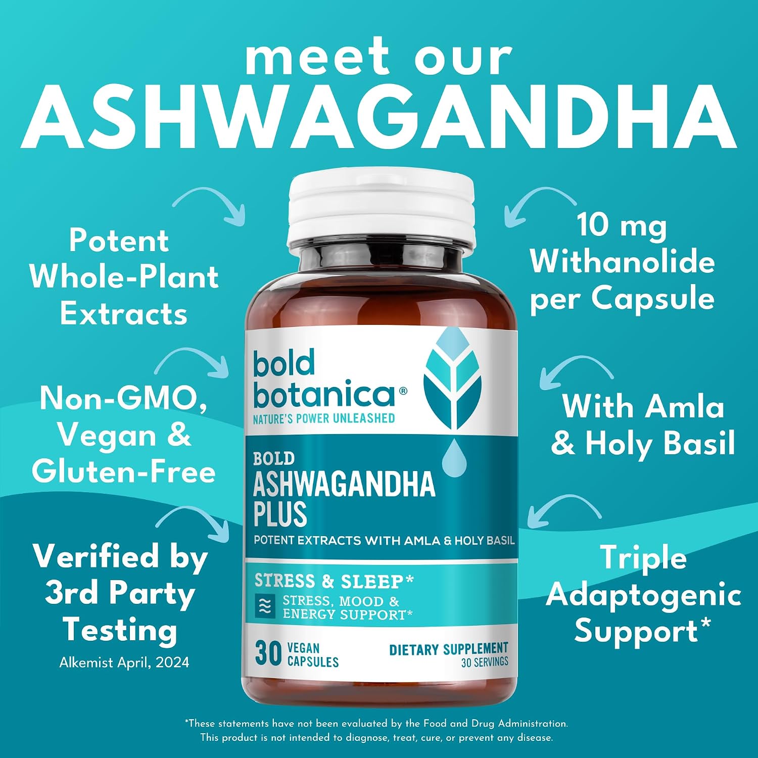 Bold Botanica Ashwagandha Plus – Suplemento de Ashwagandha con Amla y Albahaca Santa – 30 Cápsulas Veganas