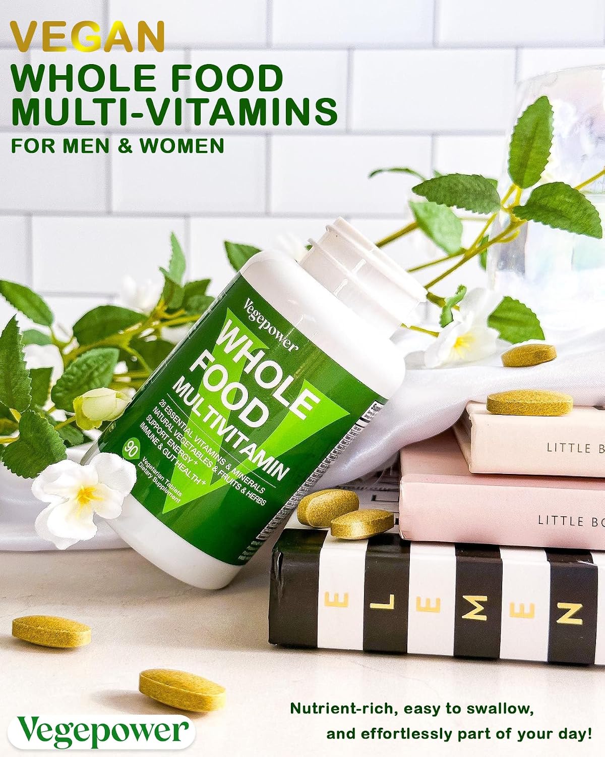 VEGEPOWER Multivitamínico Vegano con Hierro, Metilado, Complejo B, Frutas y Verduras, Enzimas, Omega, Hongos, 90 Comprimidos