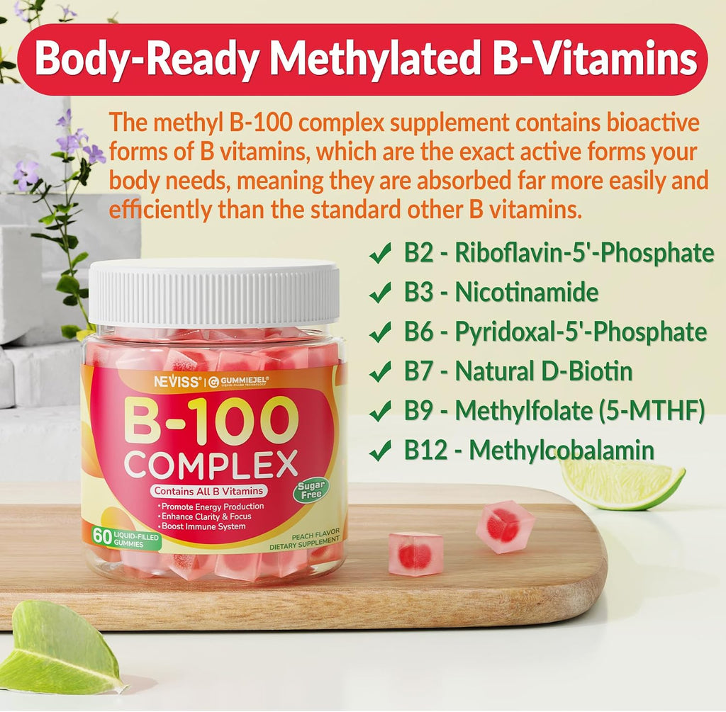 Super Vitamin B Complex Gummies - Complejo B Metilado con Vitamina C, Colina, Inositol y PABA - 60 Gominolas Veganas