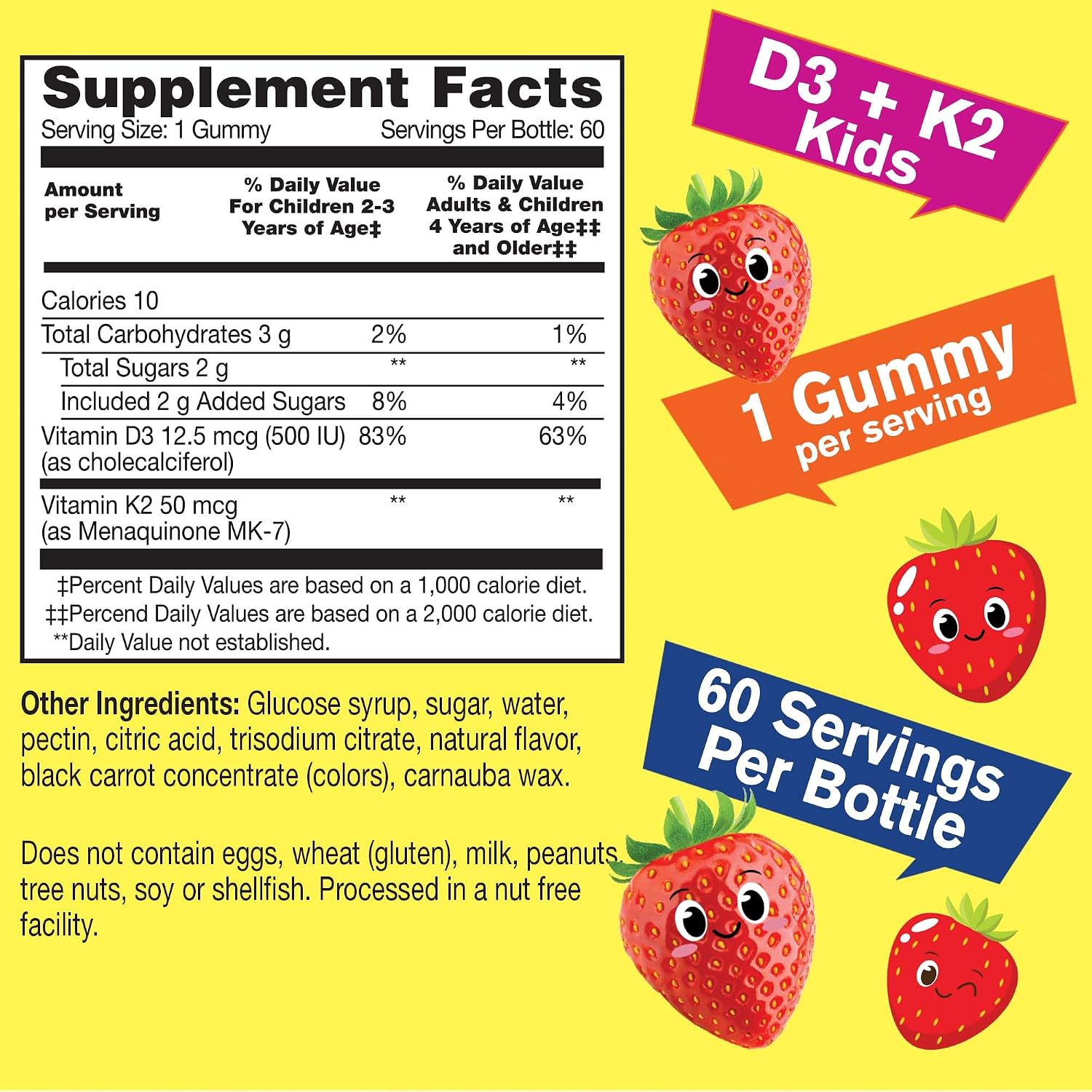 WellYeah Vitamina D3 + K2 para Niños Gominolas - 500 UI D3, 100 mcg K2 MK-7 - Sabor Fresa Natural - 60 Gominolas