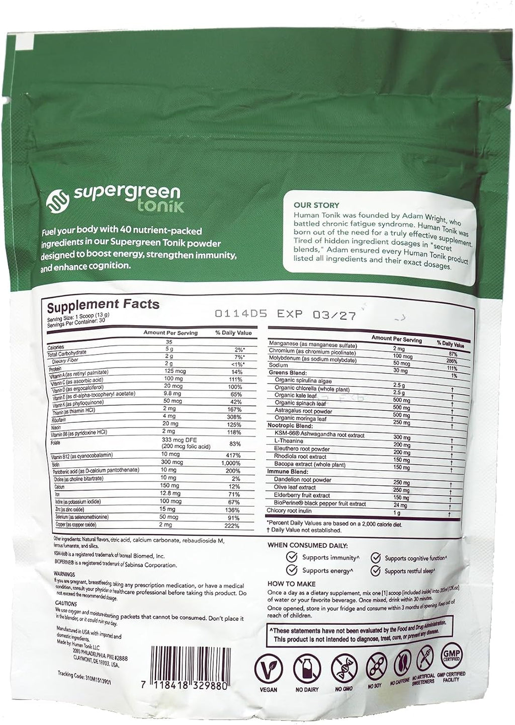 SUPERGREEN TONIK 100% Natural Greens Superfood Powder – Suplemento diario con 40 superalimentos, vitaminas y minerales – Ayuda a la energía, estrés e inmunidad – 30 días 360 gramos Sabor Berry (1 Bolsa)