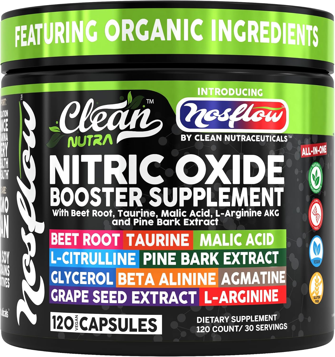 NosFlow Suplemento de Óxido Nítrico para Hombres | Remolacha, Taurina, L-Arginina, Ácido Málico, L-Citrulina, Corteza de Pino, Glicerol, Agmatina, Semilla de Uva, Vitamina C, B12, B3 - Clean Nutra