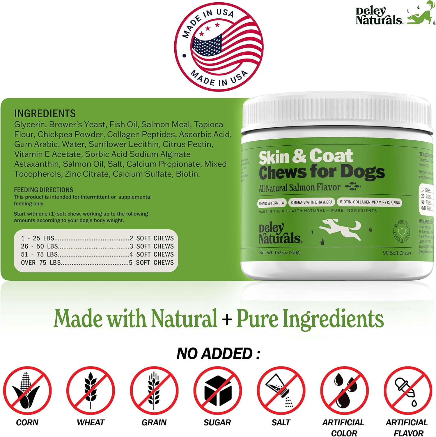 Deley Naturals Skin & Coat Chews - Suplemento para perros con Omega 3, Biotina, Colágeno y Vitaminas - 90 chews