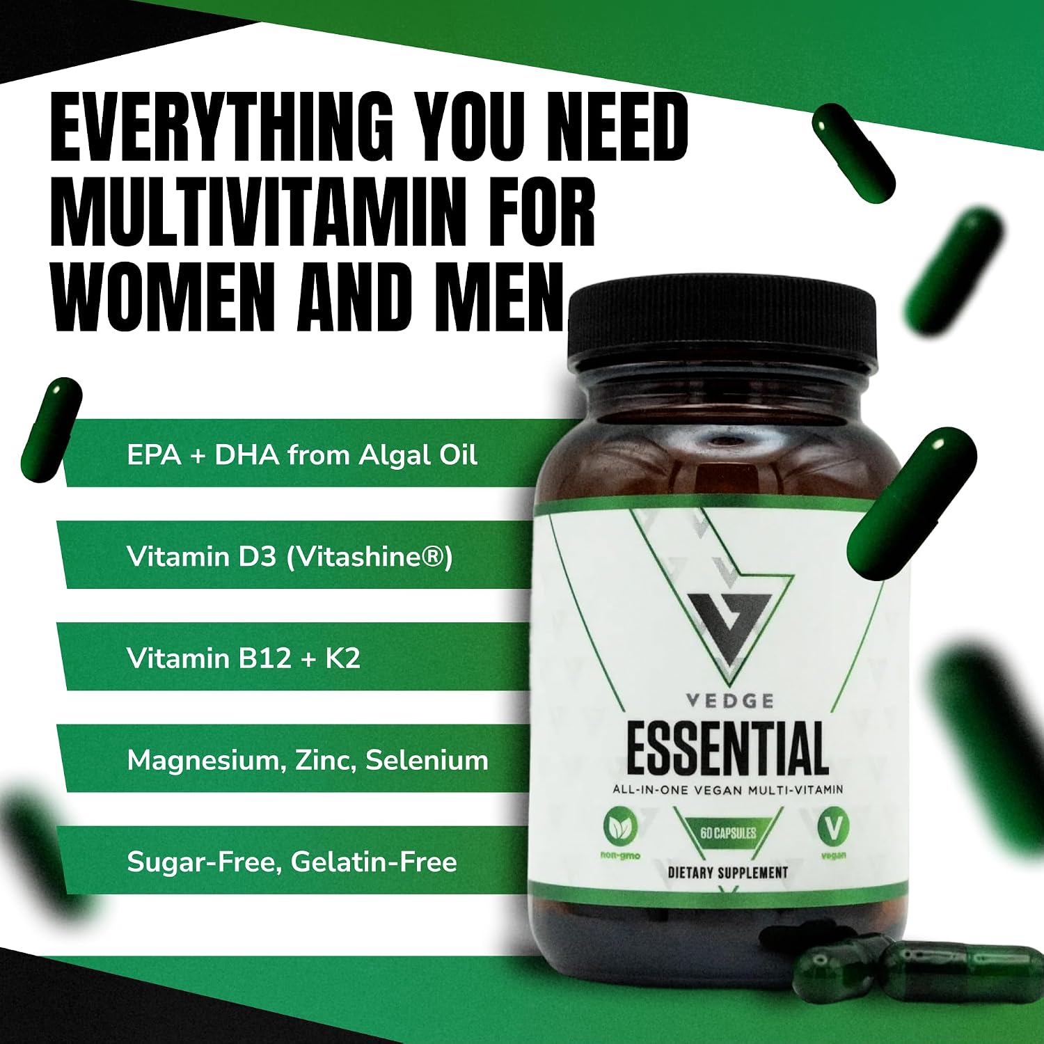 VEDGE Vegan Omega 3 Multivitamin – Complejo Multivitamínico Vegano con Omega 3, Vitaminas B12, D, K2, Magnesio, Zinc y Selenio