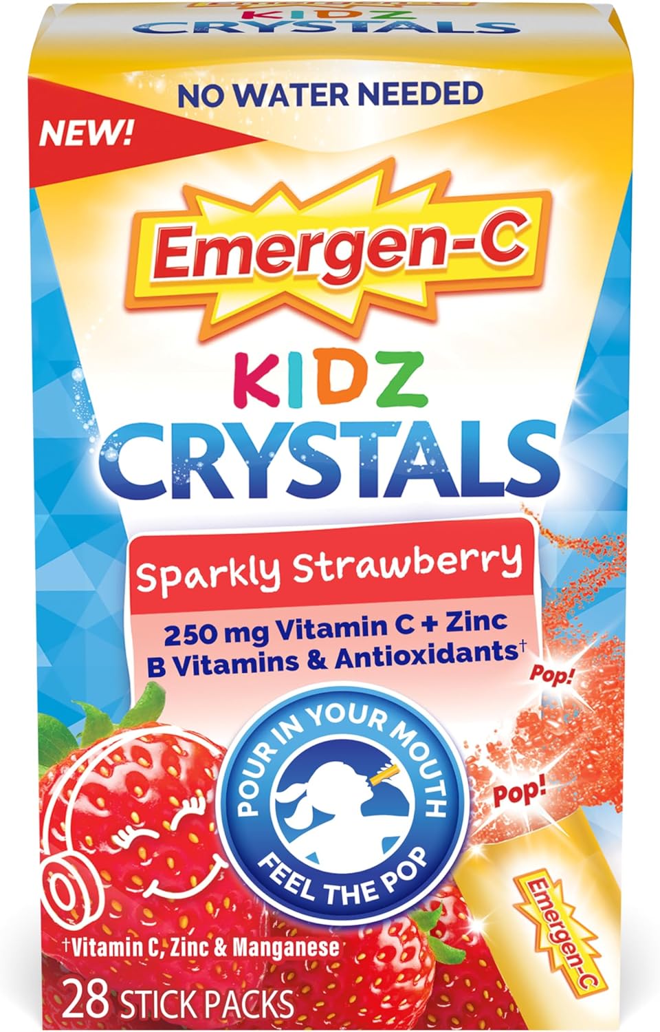 Emergen-C Kidz Crystals - Suplemento de Vitamina C con Vitaminas B, Zinc y Manganeso - Sabor Fresa Chispeante - 28 Stick Packs