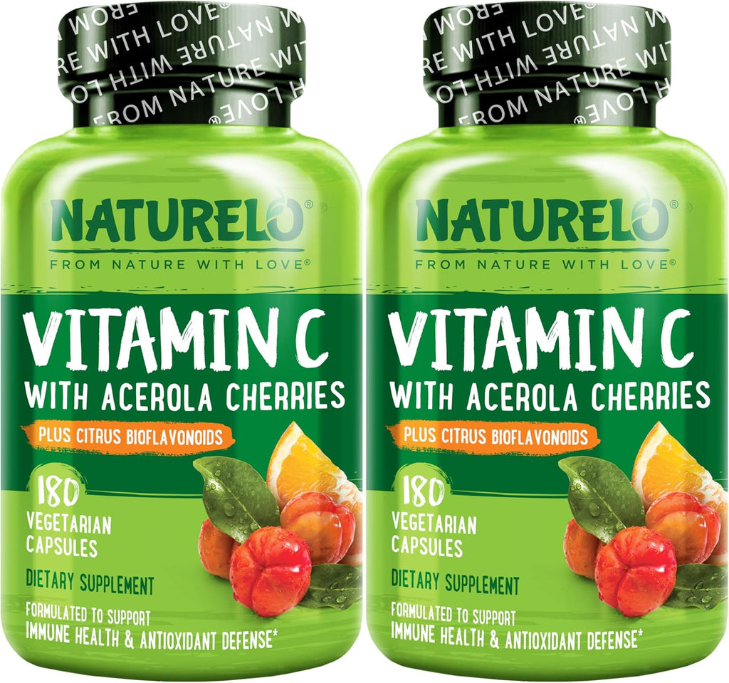 NATURELO Vitamina C con Extracto Orgánico de Acerola y Bioflavonoides Cítricos - Suplemento Vegano - 500 mg por Cápsula - 180 Cápsulas (Paquete de 2)