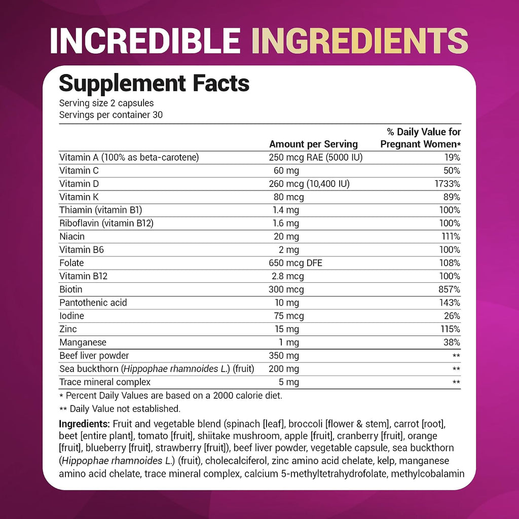Dr. Berg Vitaminas Prenatales Naturales para Mujeres - con Folato, Vitaminas, Minerales, Omega y 11 Superalimentos - 60 Cápsulas