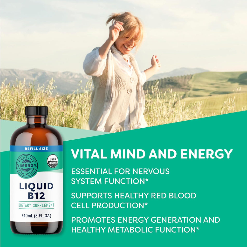 Vimergy Liquid B12 Refill – Suplemento de Vitamina B12 Líquida – Metilcobalamina y Adenosilcobalamina – Absorción Rápida – Energía y Cerebro – Orgánico y Vegano – 240 ml (240 Servicios)