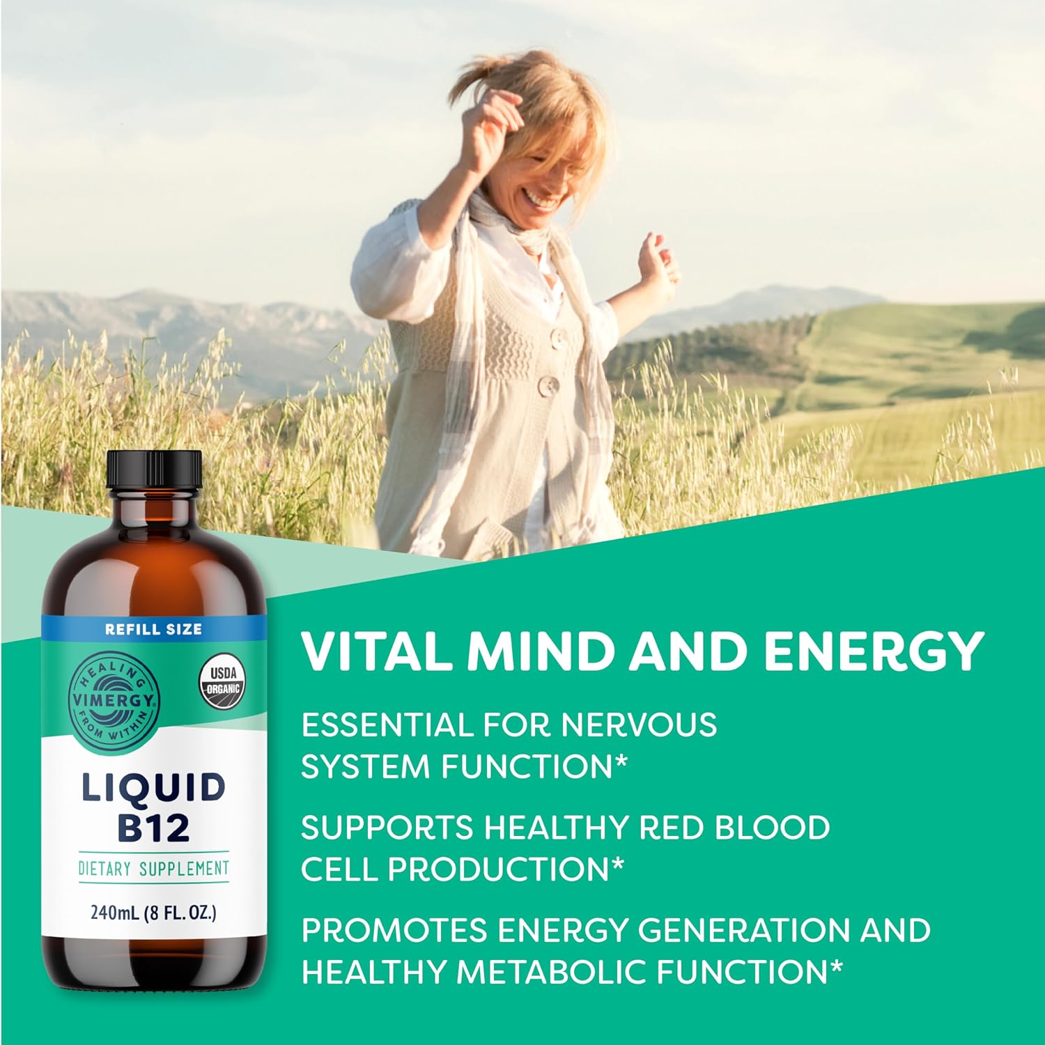 Vimergy Liquid B12 Refill – Suplemento de Vitamina B12 Líquida – Metilcobalamina y Adenosilcobalamina – Absorción Rápida – Energía y Cerebro – Orgánico y Vegano – 240 ml (240 Servicios)