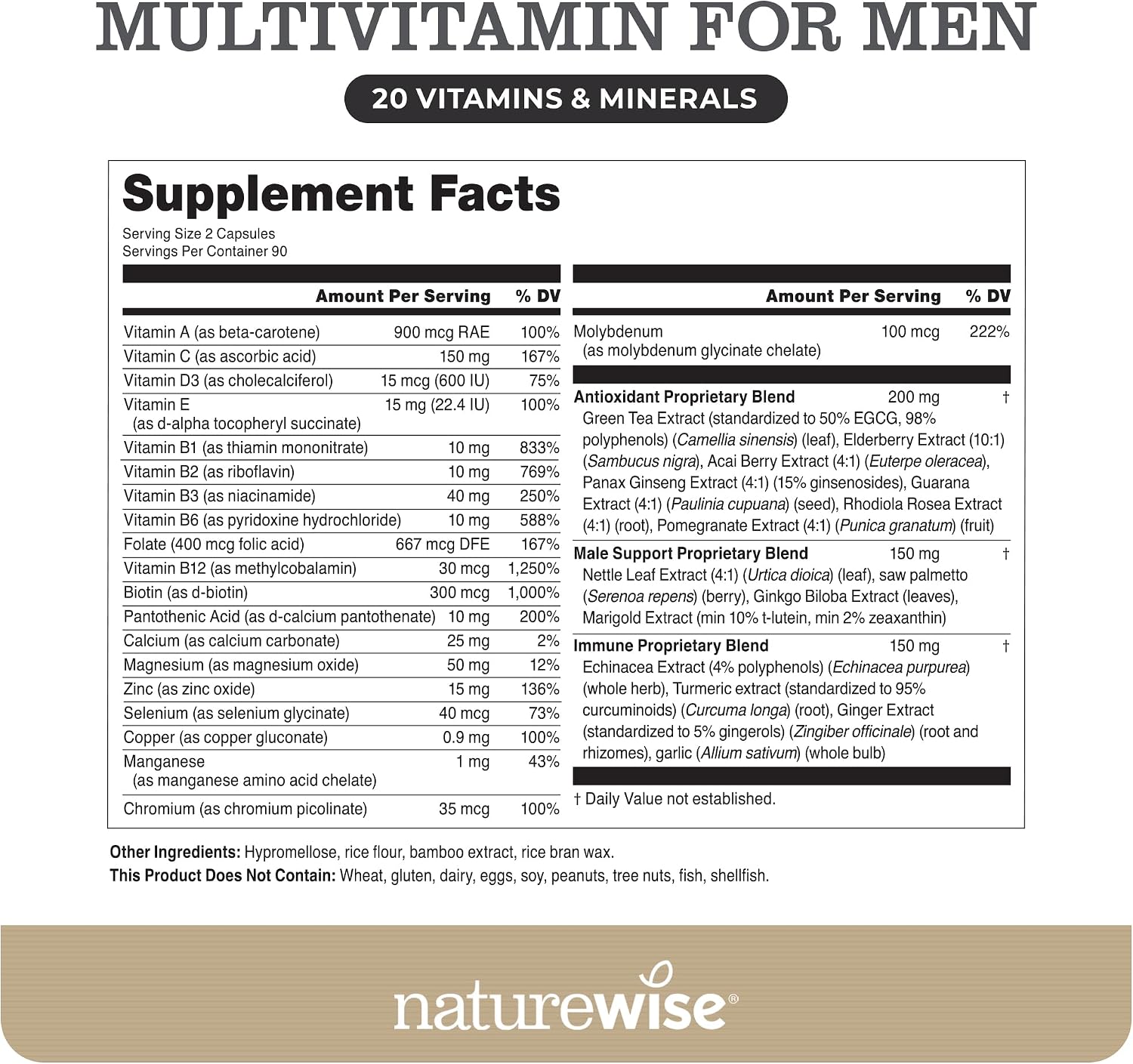 NatureWise Multivitamínico para Hombres - Complejo de Vitaminas, Minerales y Hierbas para Energía, Rendimiento e Inmunidad - con Vitamina A, C, D, Complejo B - Sin Soja ni Gluten, No GMO - 180 Cápsulas (3 Meses)