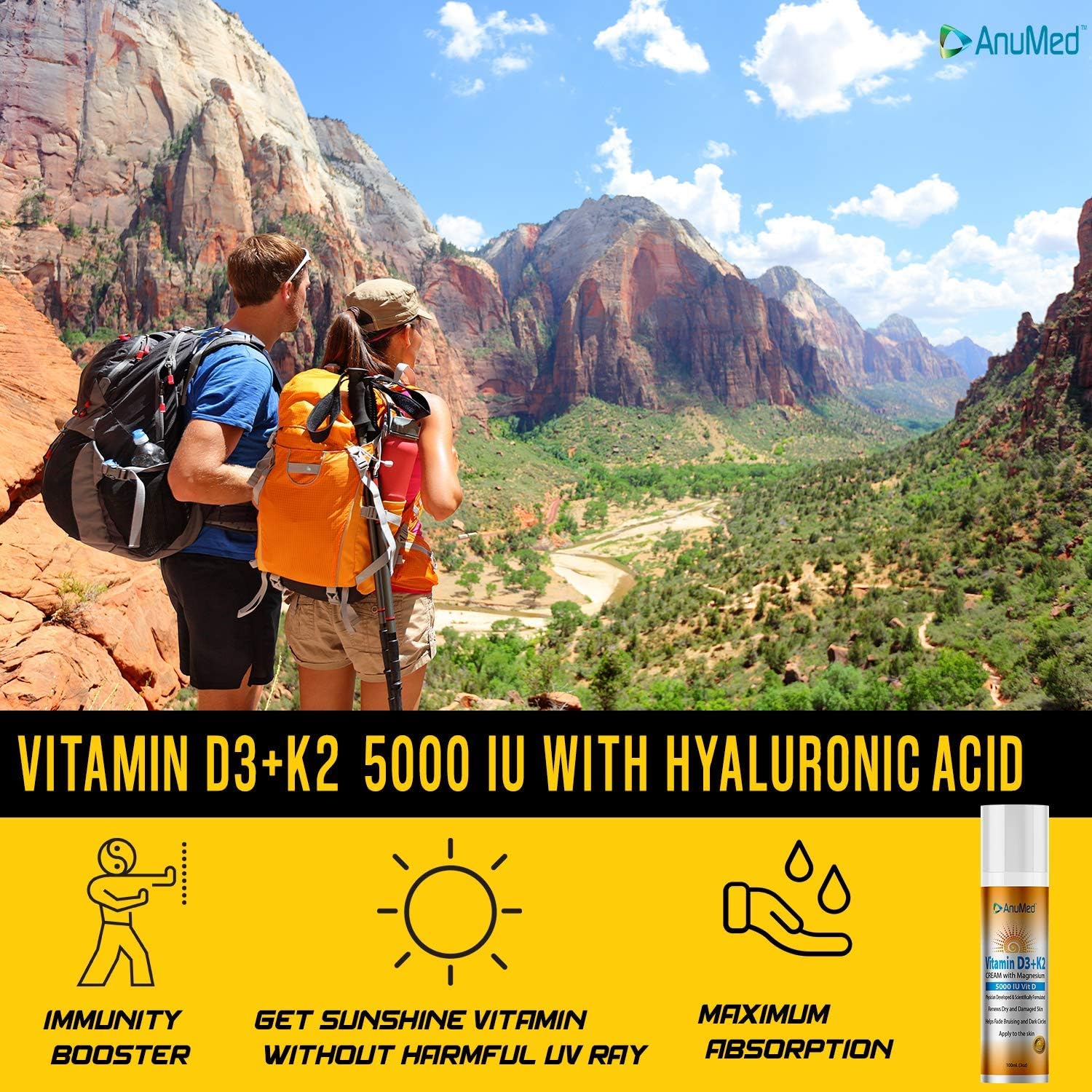 AnuMed Vitamina D3 y K2 5000 UI Crema con Magnesio, Ácido Hialurónico y Vitamina E