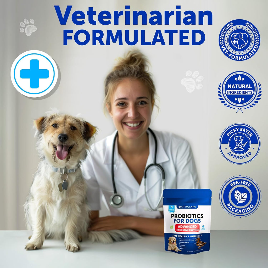 Probióticos para Perros - Apoya la Salud Digestiva, Piel con Picor, Alergias, Inmunidad, Equilibrio de Levaduras - Probióticos para Perros y Enzimas Digestivas con Prebióticos - Reduce Diarrea, Gases - 70 Masticables Probióticos para Perros