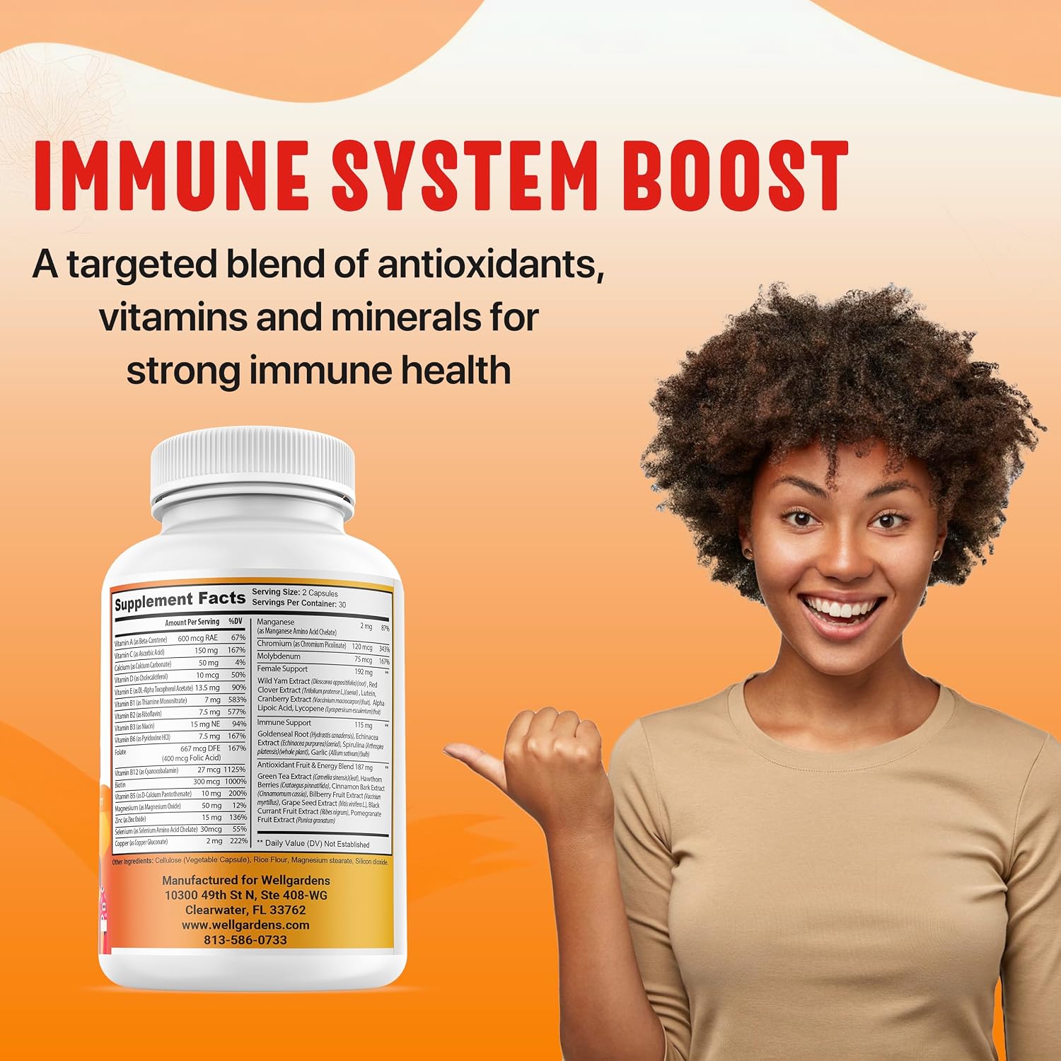 Wellgardens Multivitamínico Diario para Mujeres con Biotina, Arándano Rojo y Trébol Rojo - Apoyo para Cabello, Piel, Energía e Inmunidad - Vitaminas A, C, D, E, B12, Zinc - Sin Hierro, No Transgénico, 60 Cápsulas