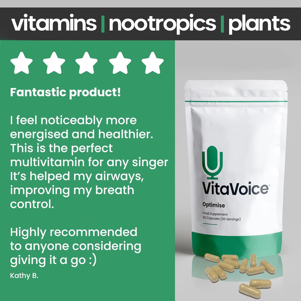 VitaVoice Nootrópicos y Vitaminas para Salud Vocal, Bienestar y Mente, 30 Cápsulas