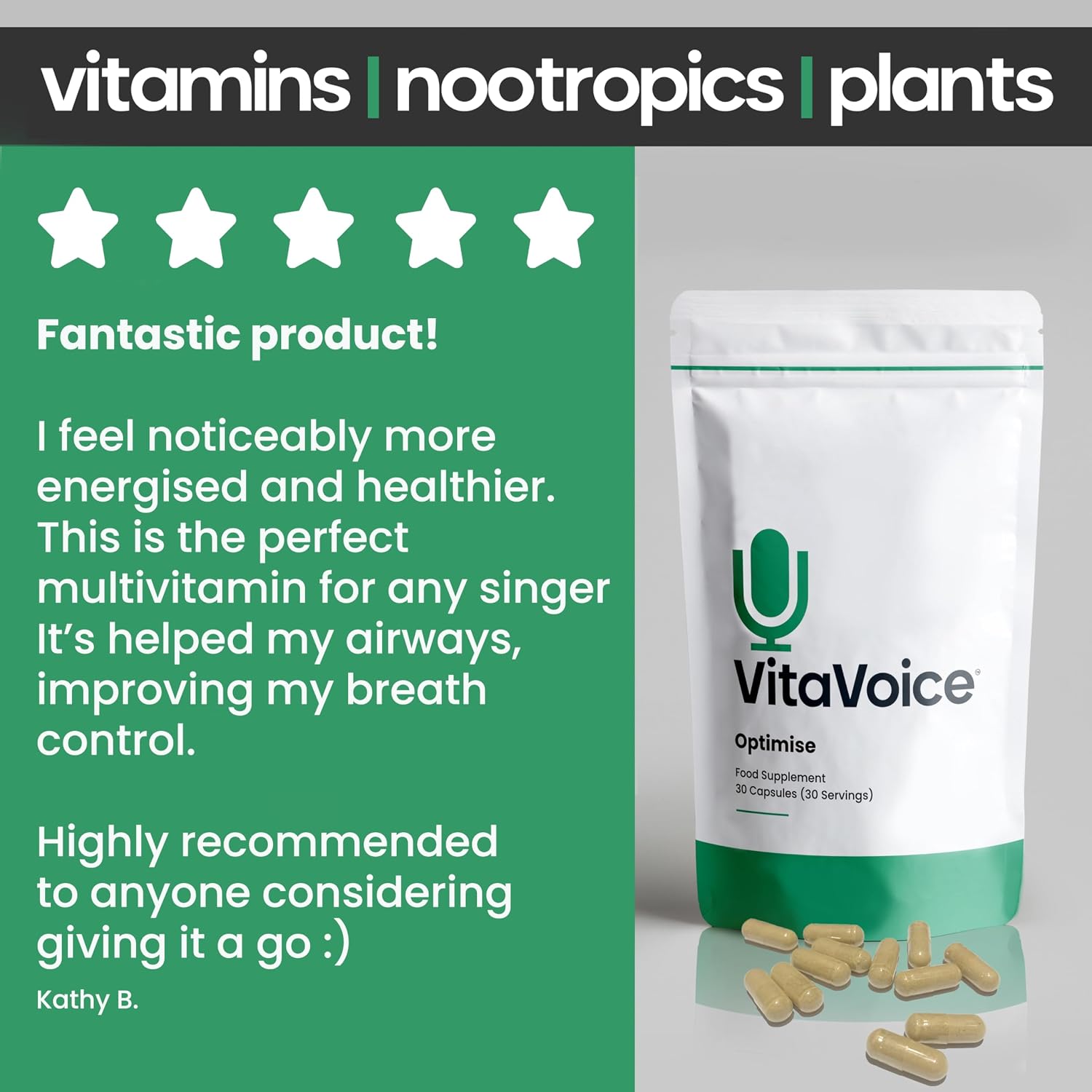 VitaVoice Nootrópicos y Vitaminas para Salud Vocal, Bienestar y Mente, 30 Cápsulas