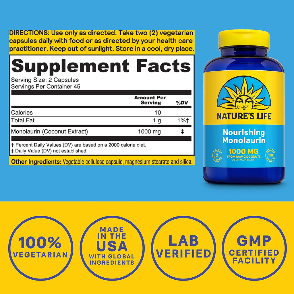 Nature's Life Monolaurin 1000 mg, 180 Cápsulas Vegetarianas