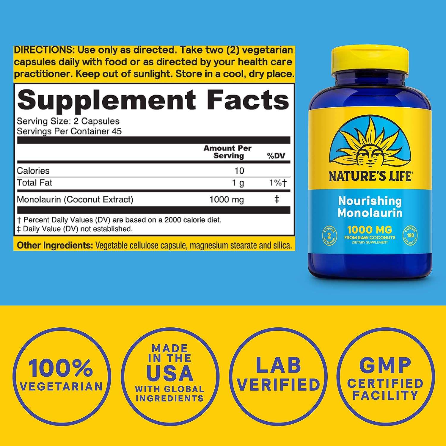 Nature's Life Monolaurin 1000 mg, 180 Cápsulas Vegetarianas