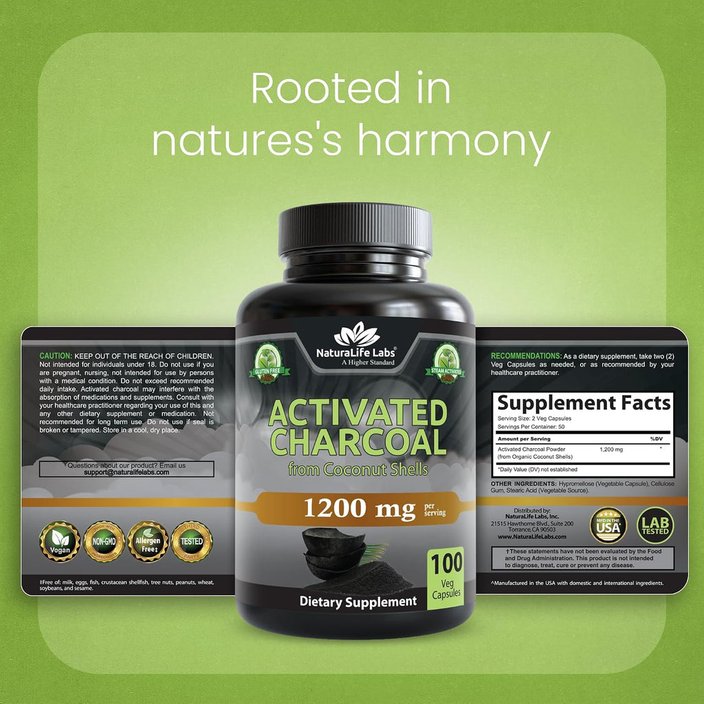 NaturaLife Labs Carbón Activado 1200 mg por dosis - 100 Cápsulas Veganas - No GM, Sin Gluten, Vegano