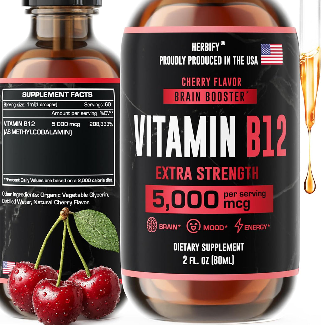 HERBIFY Vitamina B12 Metilada 5000 mcg - Gotas Líquidas de Metilcobalamina - Complejo B - Energía y Sistema Inmunitario - 30 Días - 60 ml