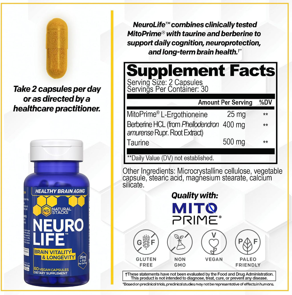 NeuroLife Longevity Supplement - 500mg Taurina & 400mg Berberina - L-Ergotioneína MitoPrime - Apoyo Cerebral para Vitalidad Cognitiva - 60 Cápsulas