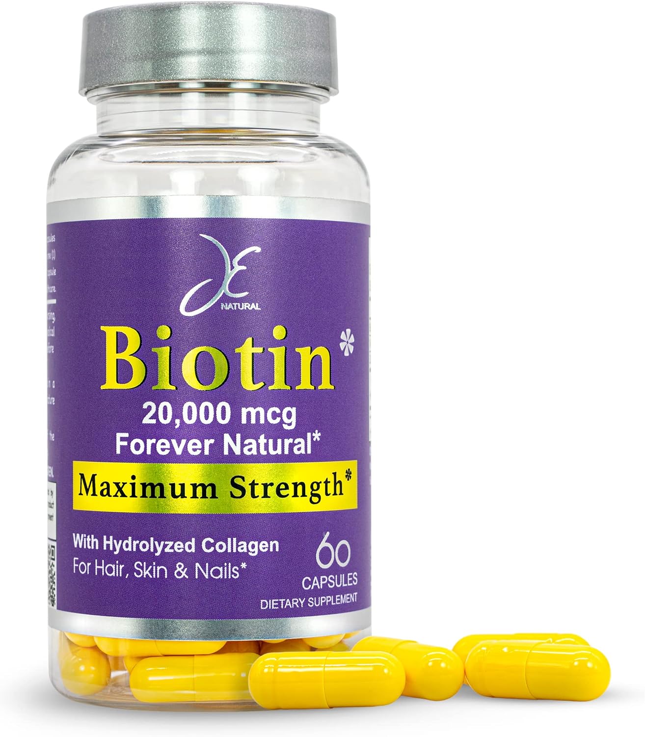 JE Natural Biotina para Cabello, Piel y Uñas, 20.000 μg, con Vitamina C y Colágeno, 60 Cápsulas